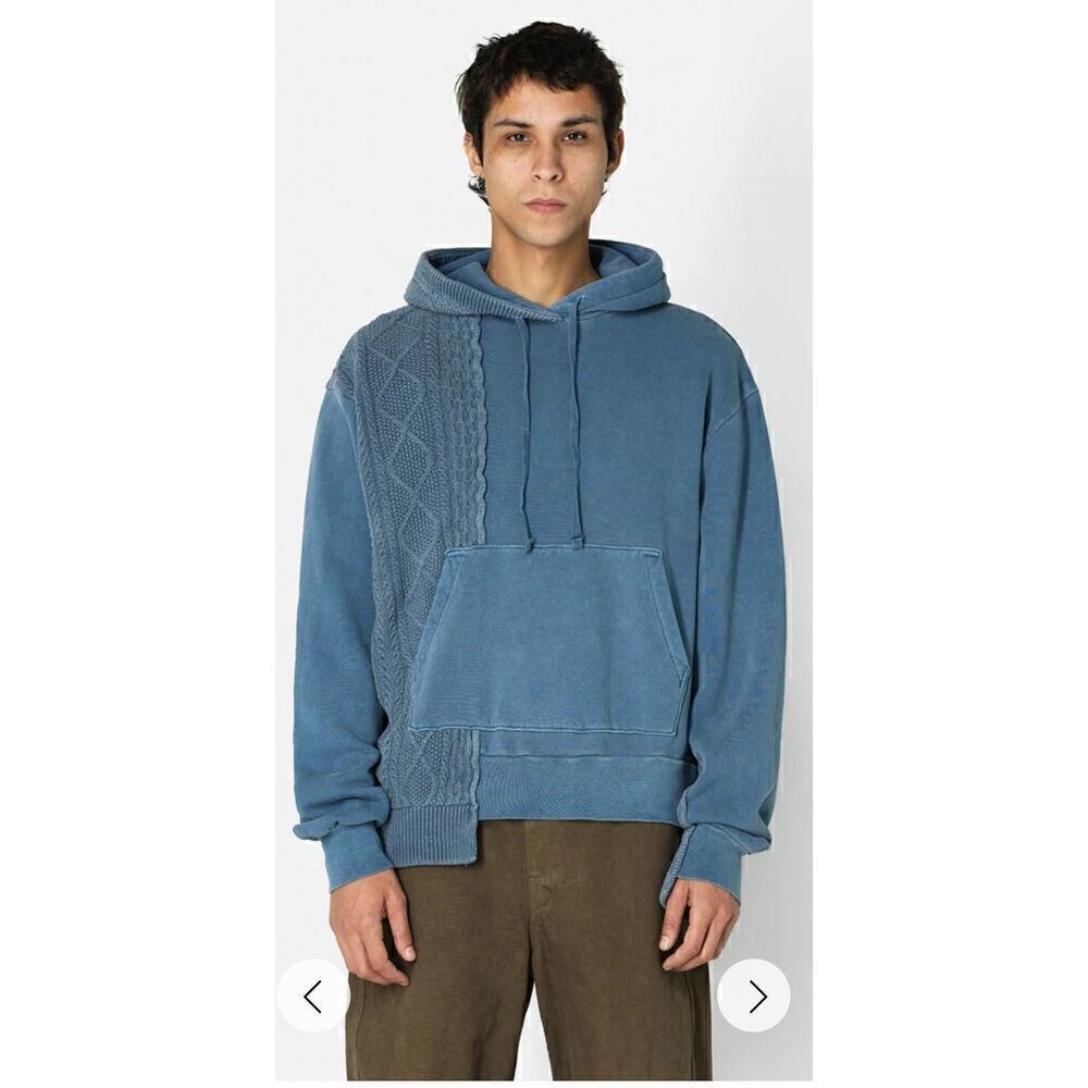 JOHN ELLIOTT Cable Knit 100% Cotton Reconstructed Hoodie in Washed Blue NWT Size